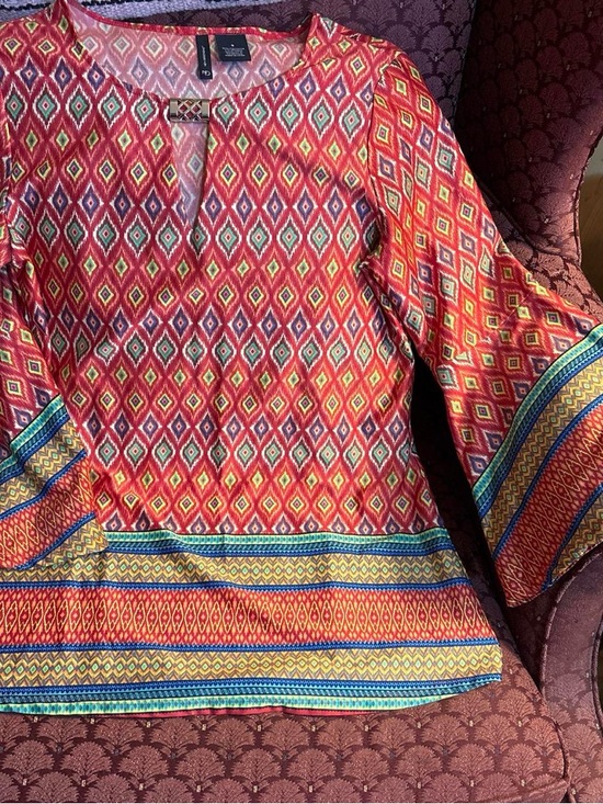 new directions Tops - New Directions Red Geometric Border-Print Blouse